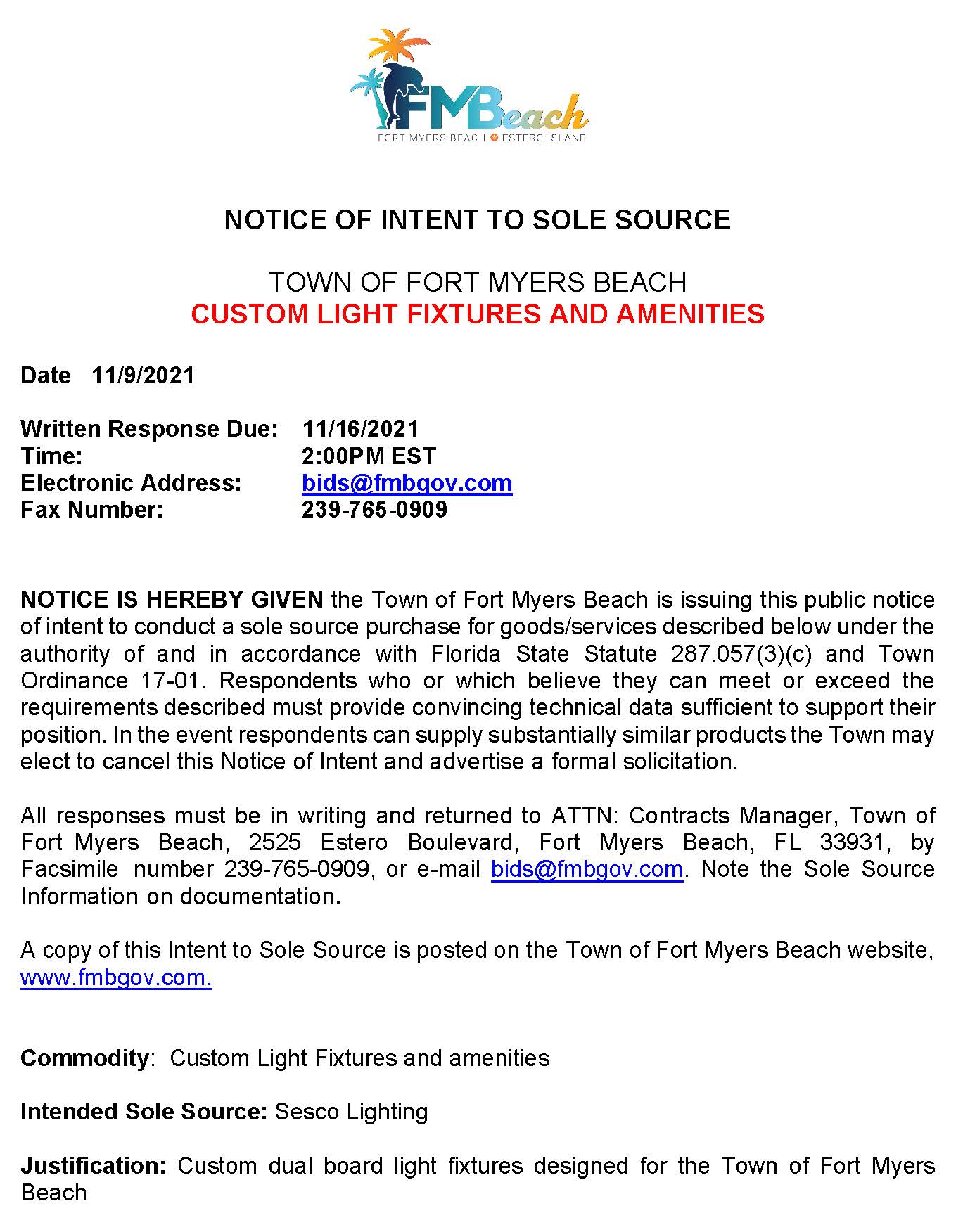 Notice of Sole Source - Light Fixtures 1st page PICTURE