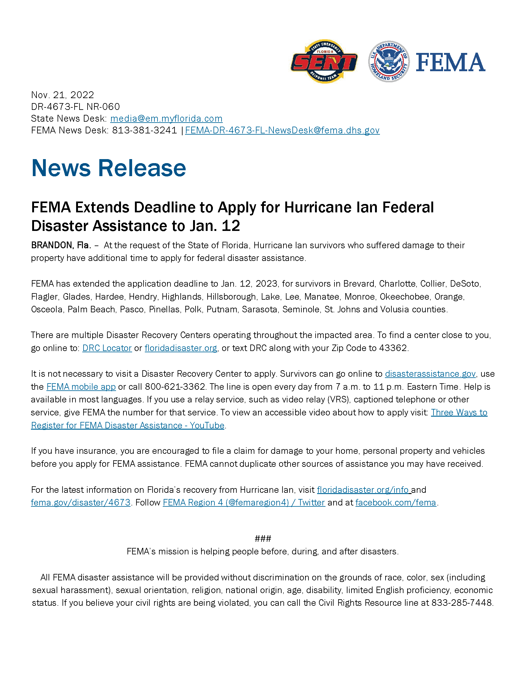 DR-4673-FL NR060_FEMA Extends Deadline to Apply for Hurricane Ian Federal Disaster Assistance
