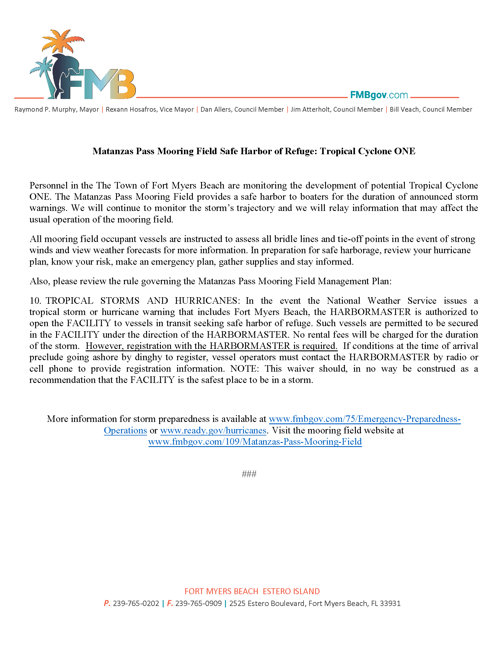 Mooring Field Safe Harbor- Tropical Cyclone One - june 3 2022