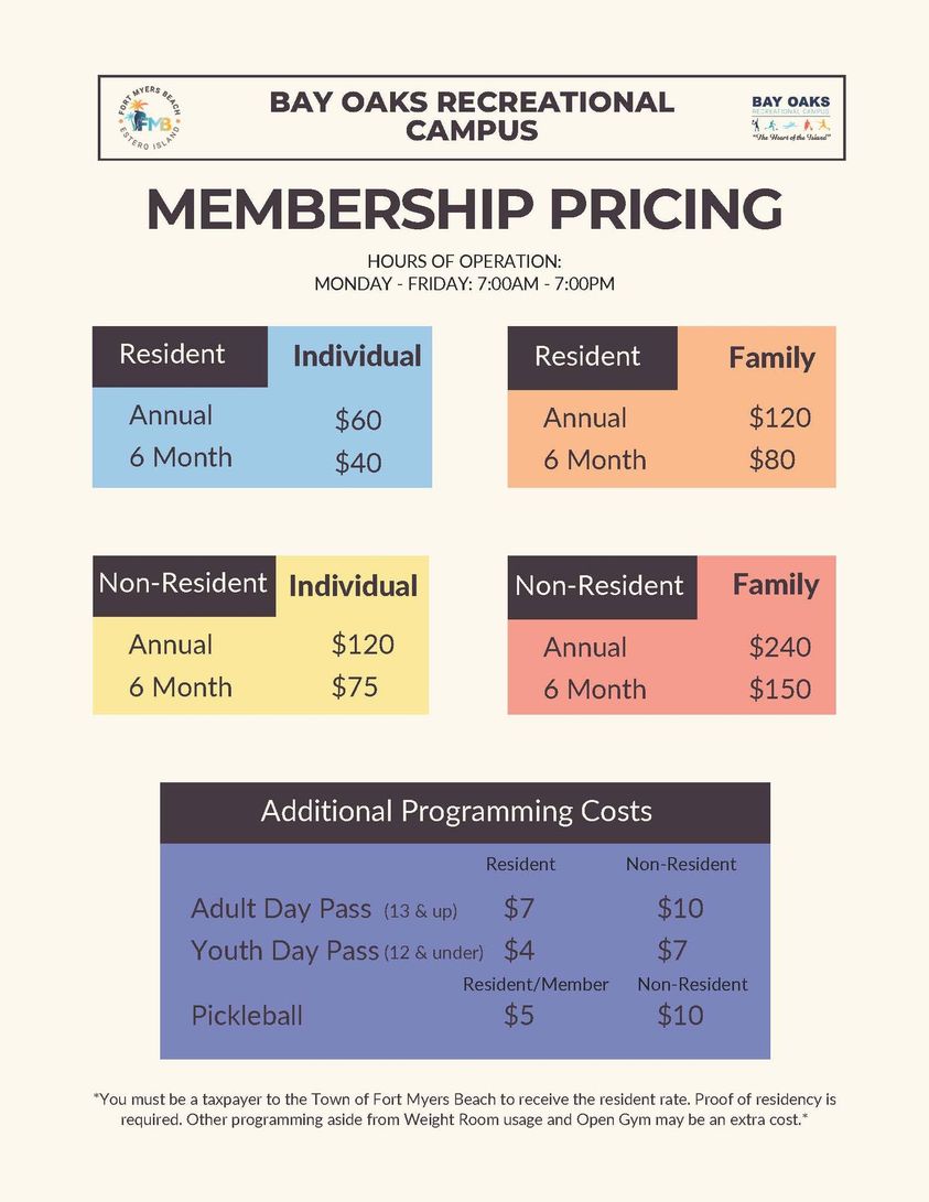 Bay Oaks Rec Membership Pricing